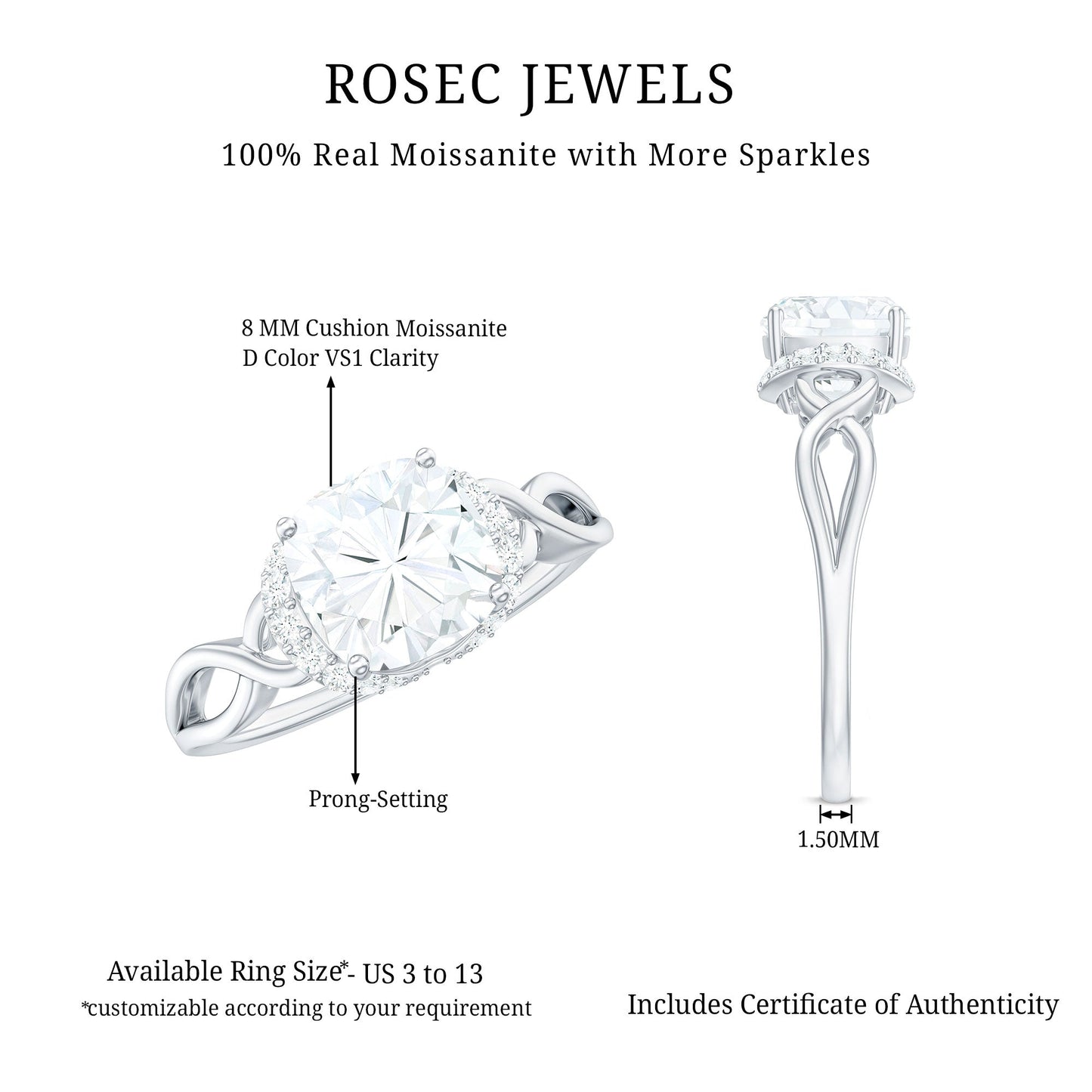 3.25ct Cushion Cut Moissanite Solitaire Engagement Ring with Infinity Shank
