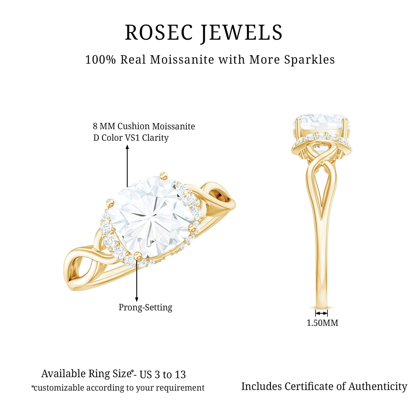 3.25ct Cushion Cut Moissanite Solitaire Engagement Ring with Infinity Shank