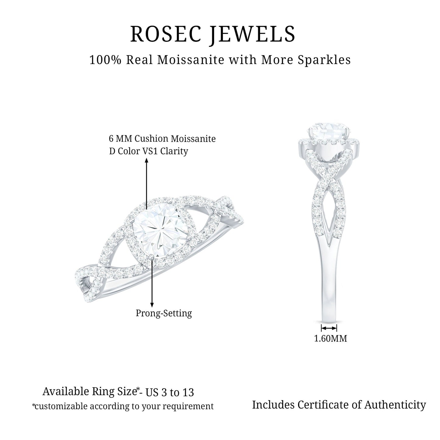 6mm Cushion Cut Moissanite Halo Engagement Ring with Crossover Shank