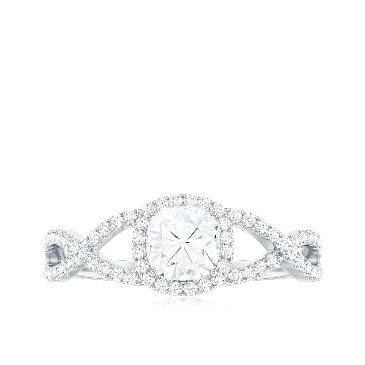 6mm Cushion Cut Moissanite Halo Engagement Ring with Crossover Shank