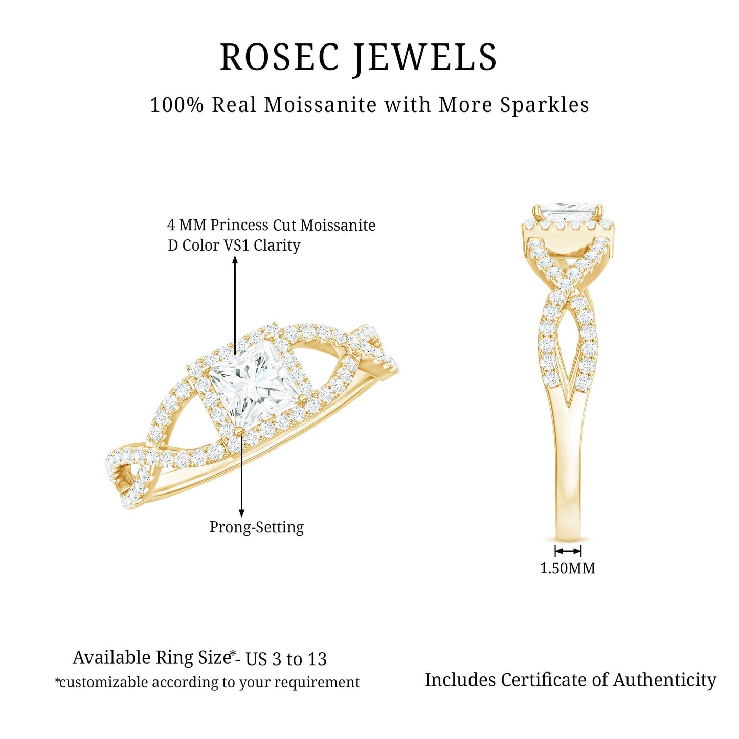 Moissanite 4mm Square Cut Engagement Ring with Crossover Shank