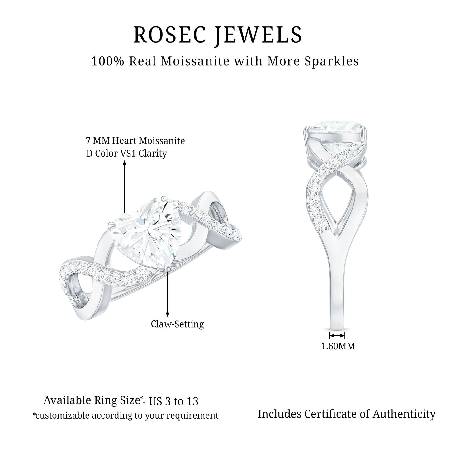 Heart Shape Certified Moissanite Infinity Style Engagement Ring