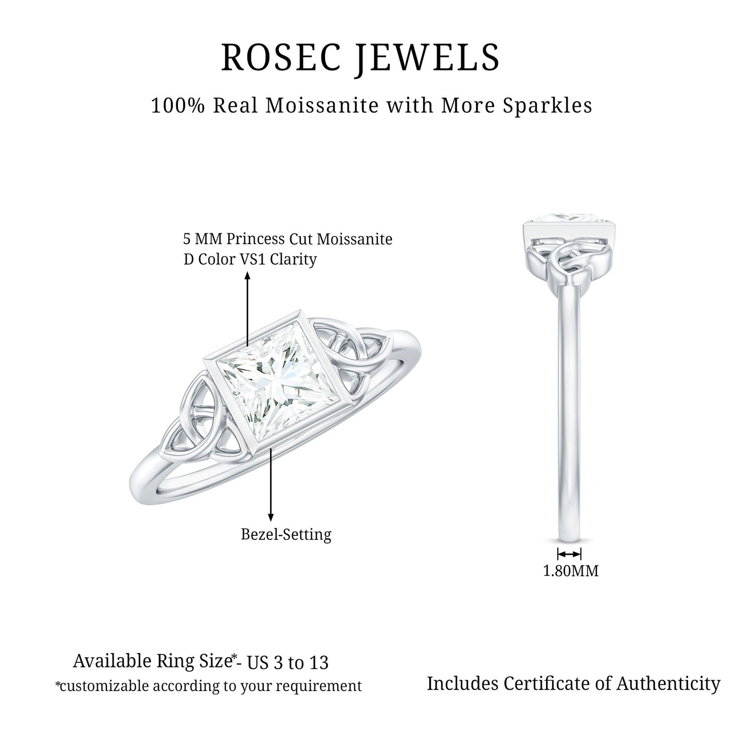 5x5mm Princess Cut Certified Moissanite Solitaire Ring with Celtic Knot Style