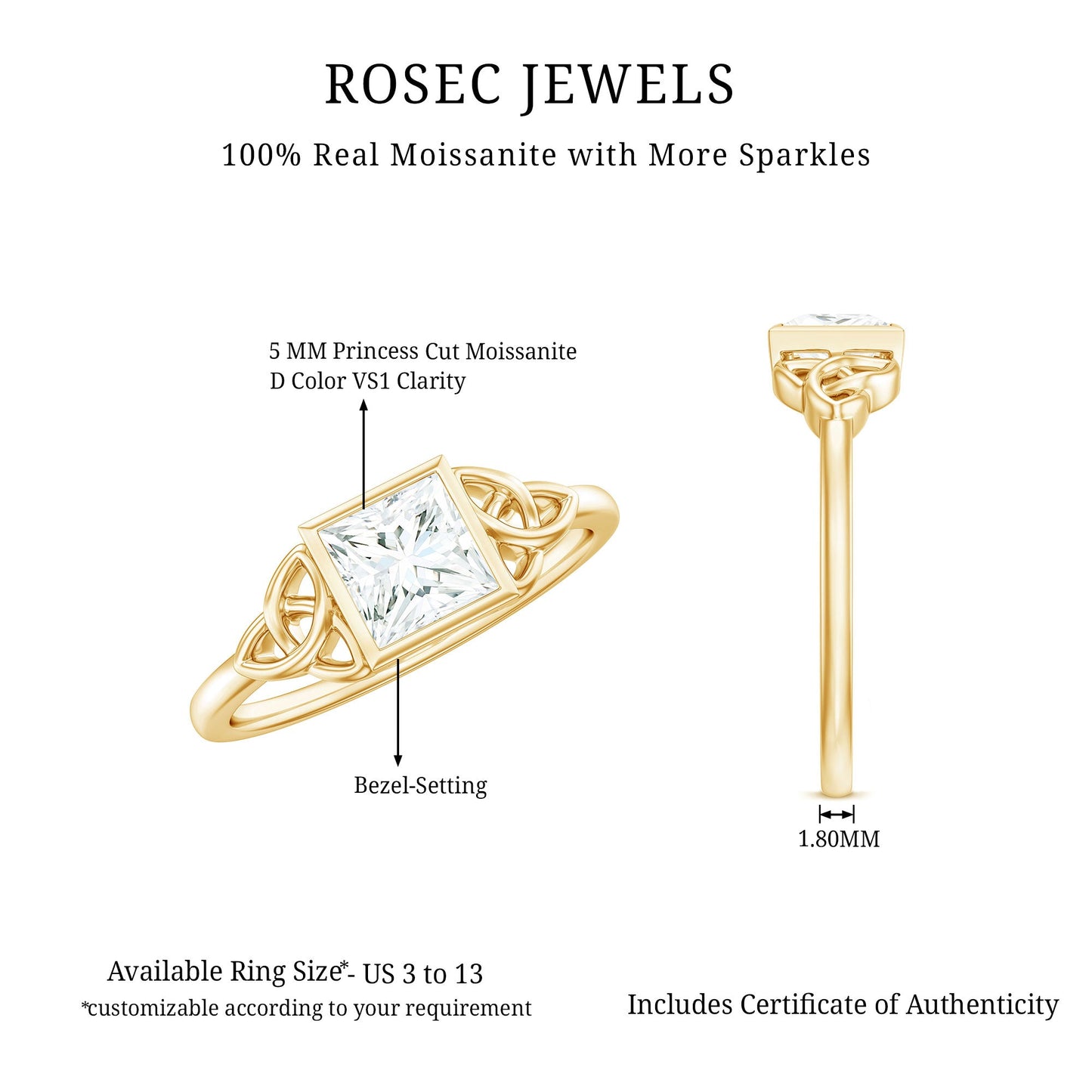 5x5mm Princess Cut Certified Moissanite Solitaire Ring with Celtic Knot Style