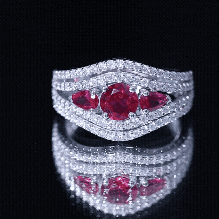 Created Ruby 3 Stone Engagement Ring With Moissanite