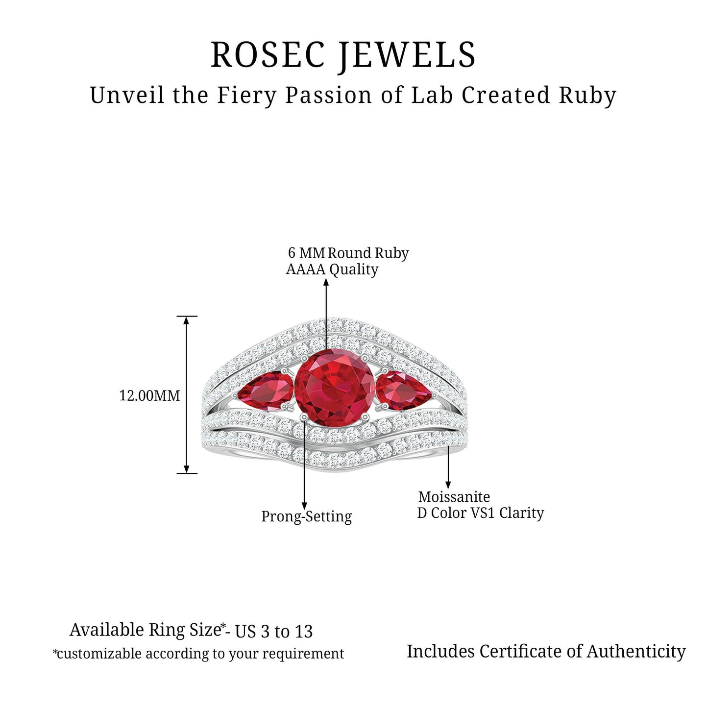 Created Ruby 3 Stone Engagement Ring With Moissanite