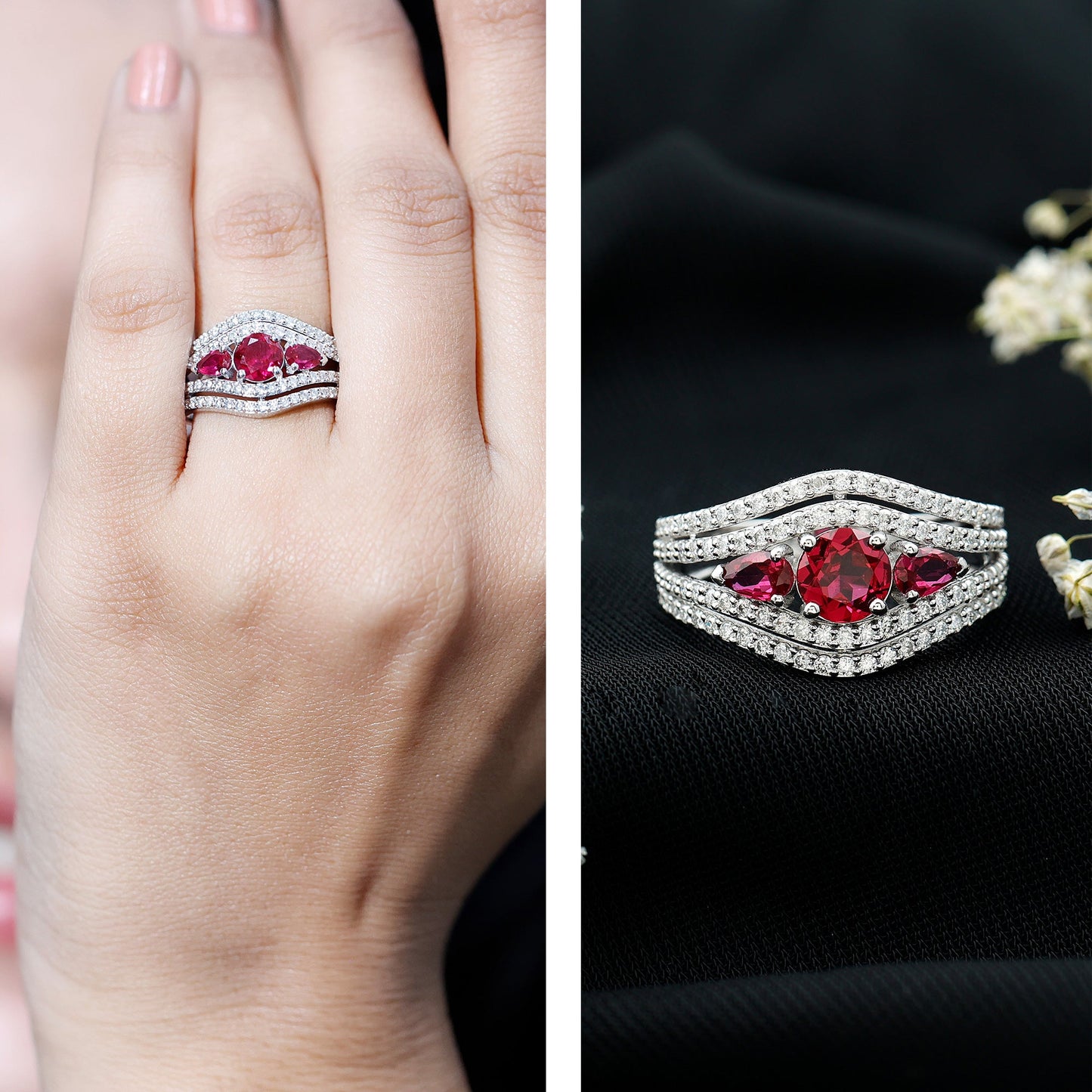 Created Ruby 3 Stone Engagement Ring With Moissanite