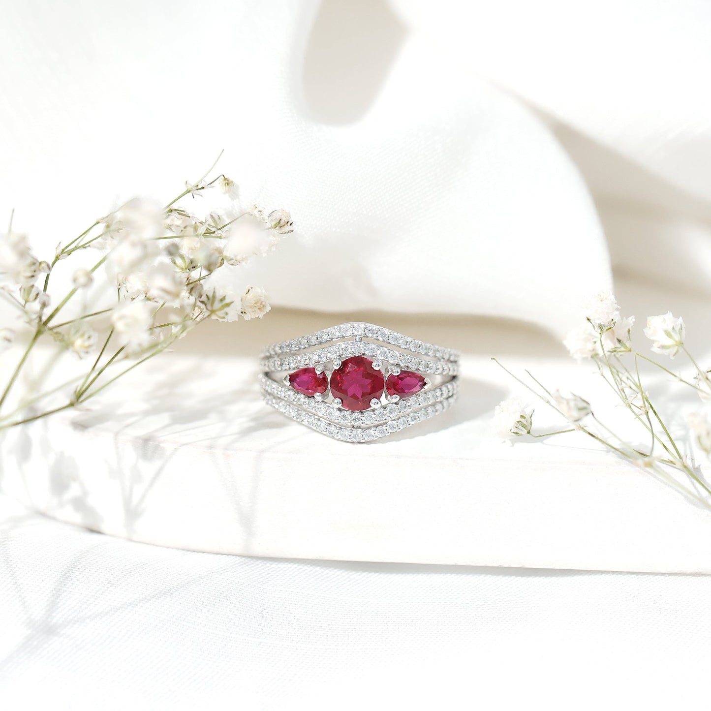 Created Ruby 3 Stone Engagement Ring With Moissanite