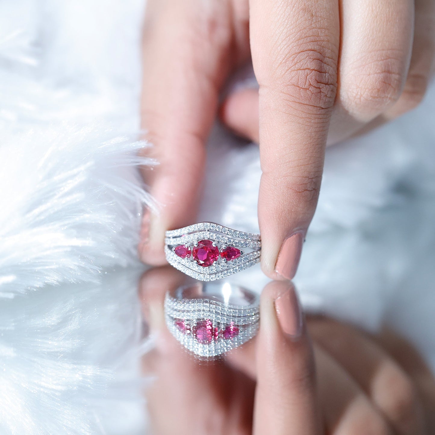 Created Ruby 3 Stone Engagement Ring With Moissanite