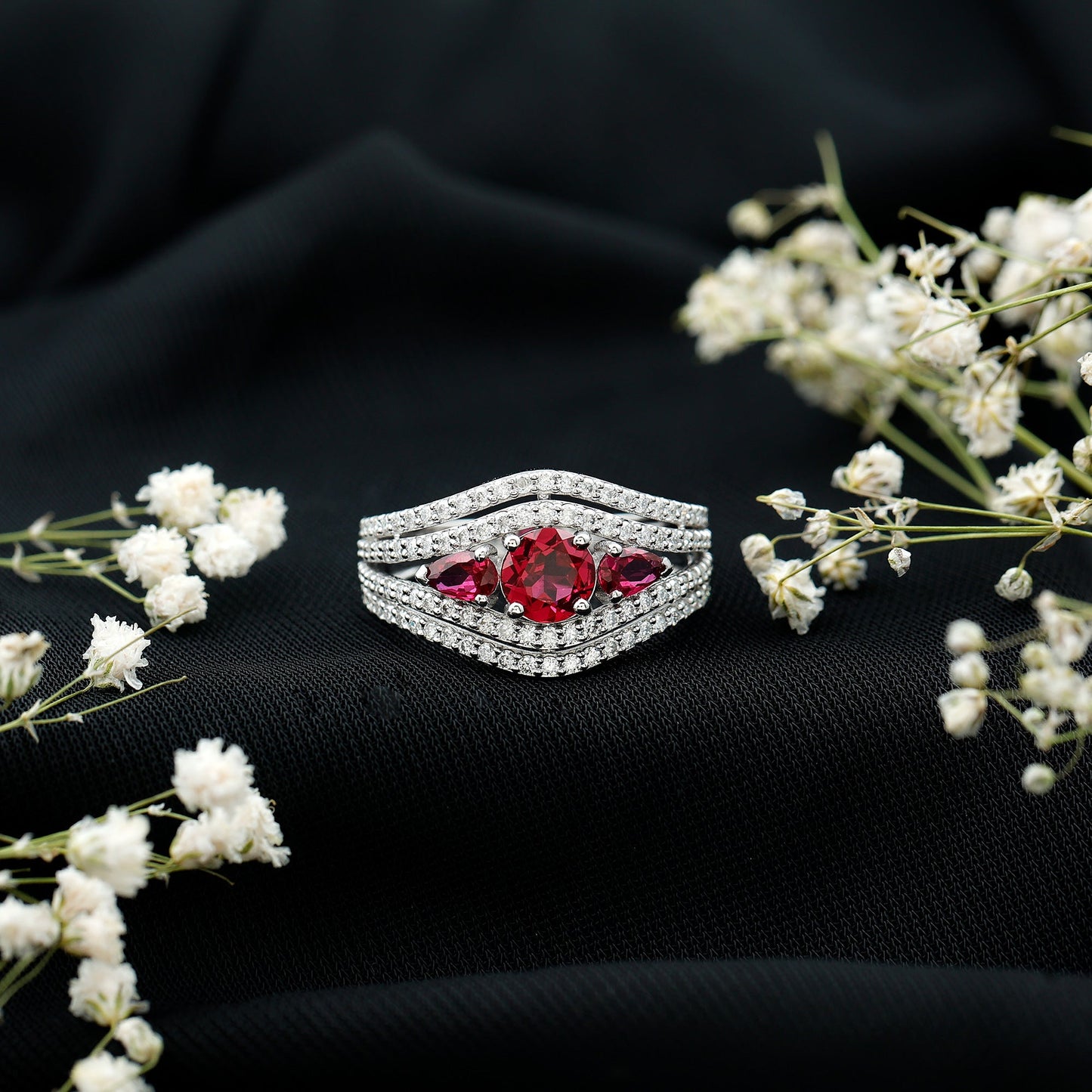 Created Ruby 3 Stone Engagement Ring With Moissanite
