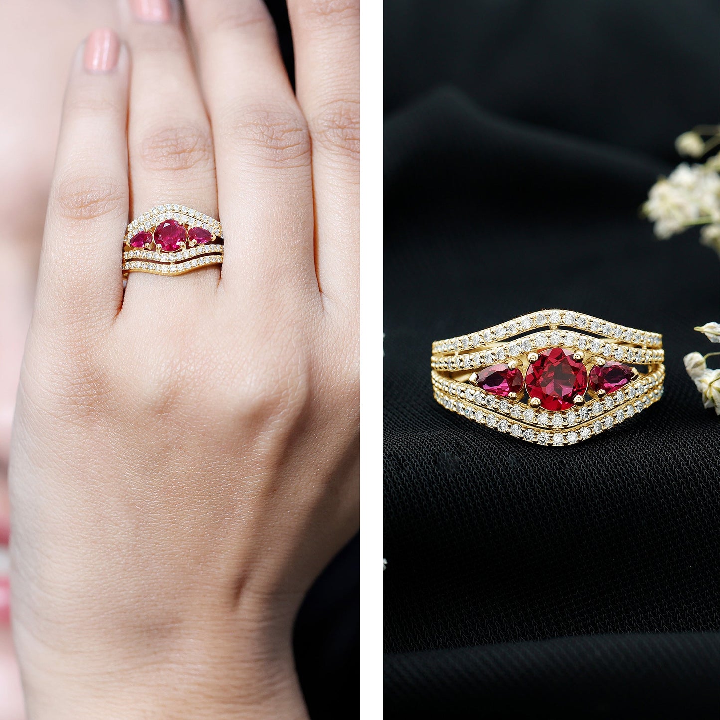 Created Ruby 3 Stone Engagement Ring With Moissanite