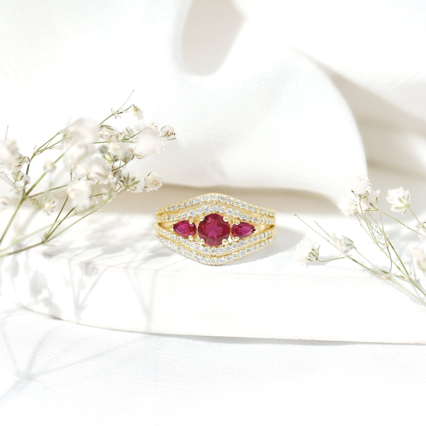 Created Ruby 3 Stone Engagement Ring With Moissanite