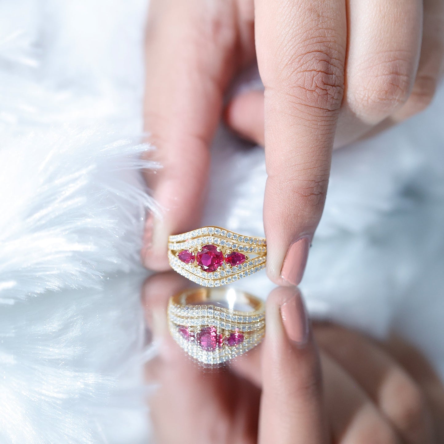 Created Ruby 3 Stone Engagement Ring With Moissanite