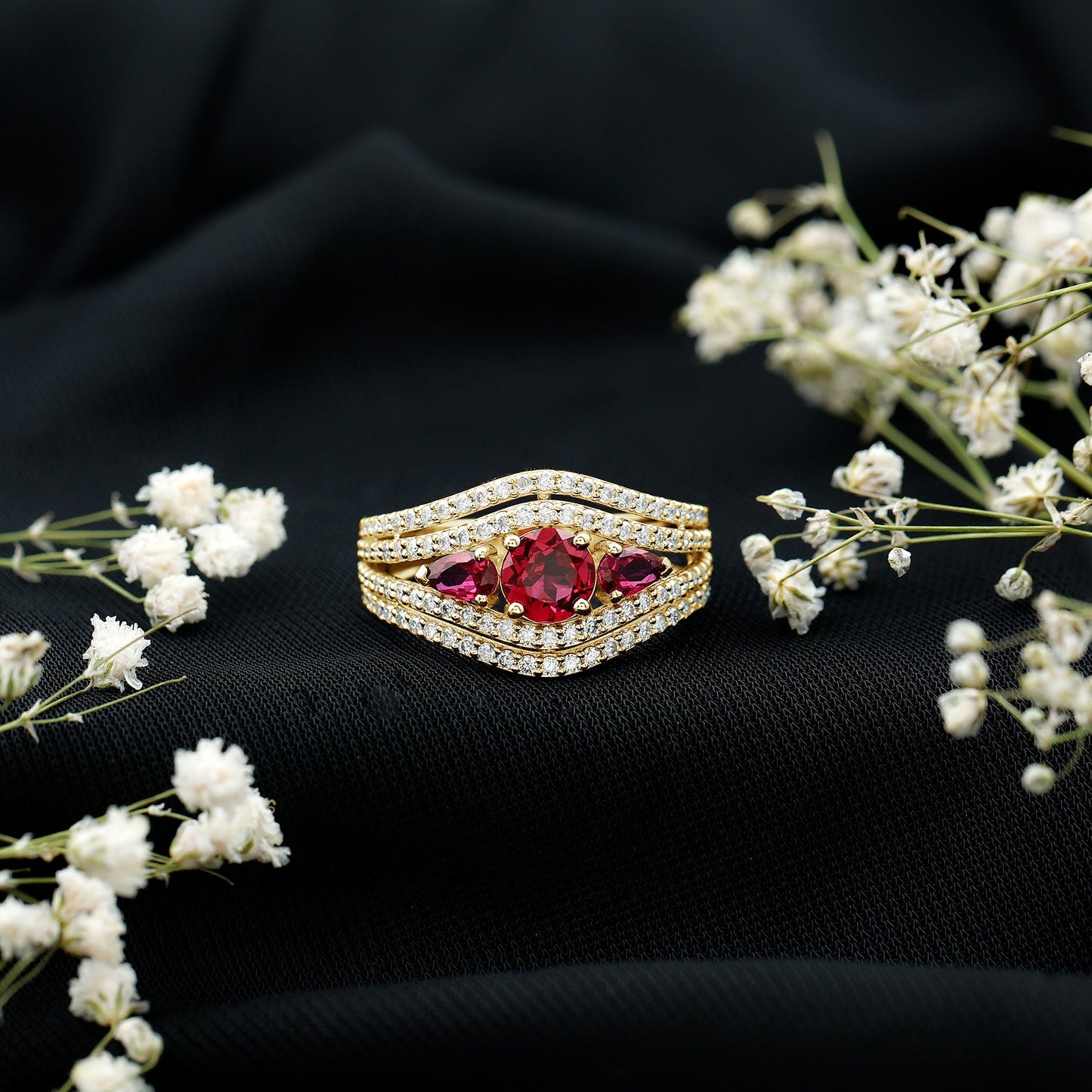 Created Ruby 3 Stone Engagement Ring With Moissanite