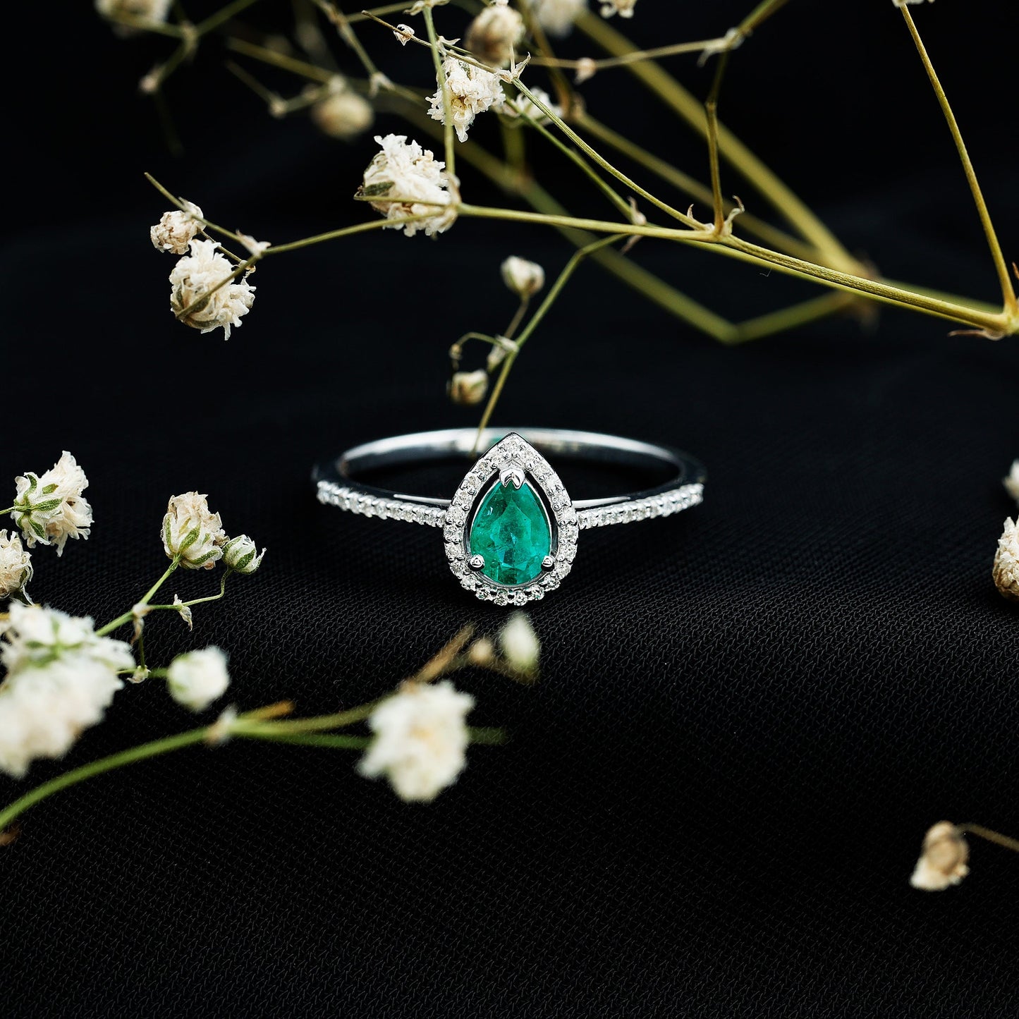 Certified Emerald Teardrop Engagement Ring with Moissanite Halo