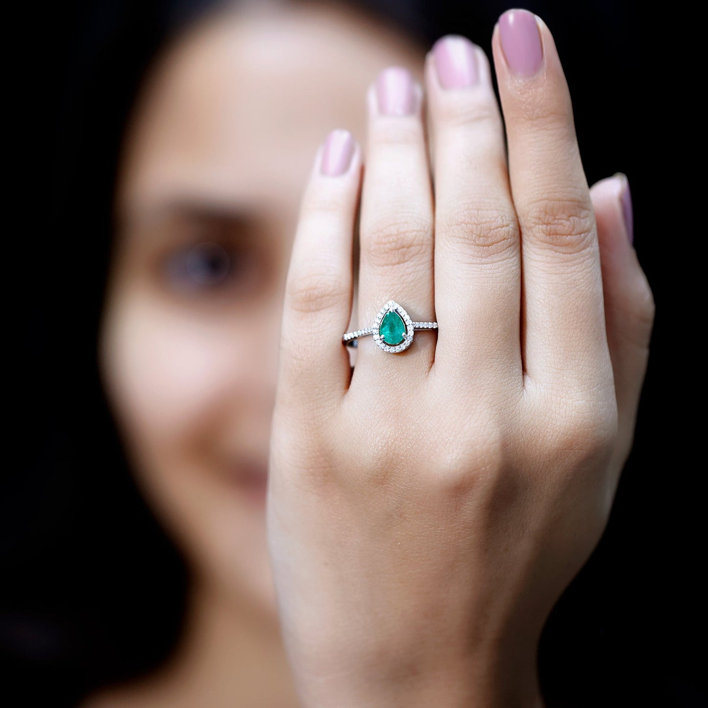 Certified Emerald Teardrop Engagement Ring with Moissanite Halo