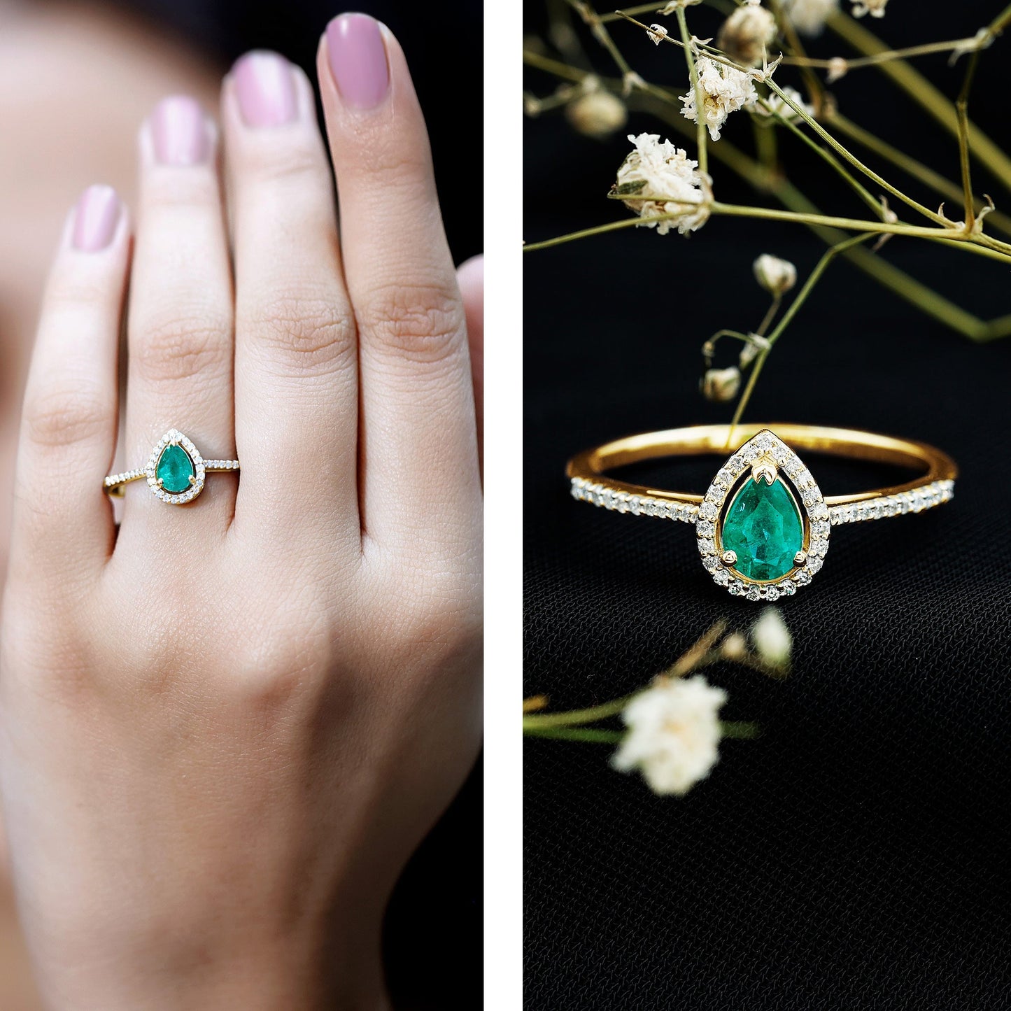 Certified Emerald Teardrop Engagement Ring with Moissanite Halo