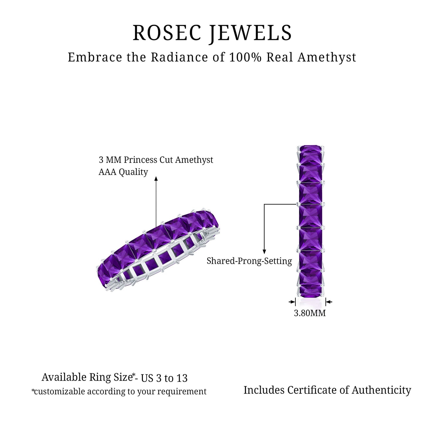 2.5 Carat Princess Cut Real Amethyst Full Eternity Band Ring