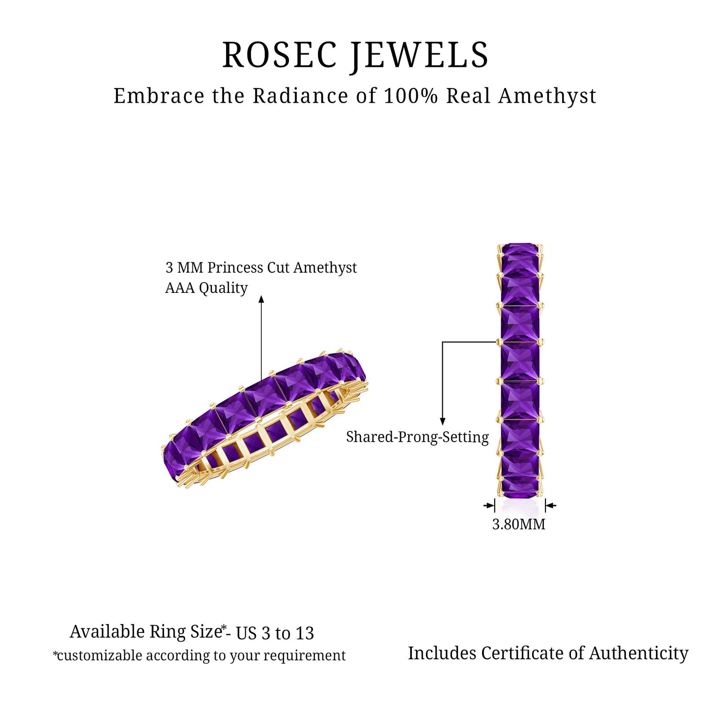 2.5 Carat Princess Cut Real Amethyst Full Eternity Band Ring