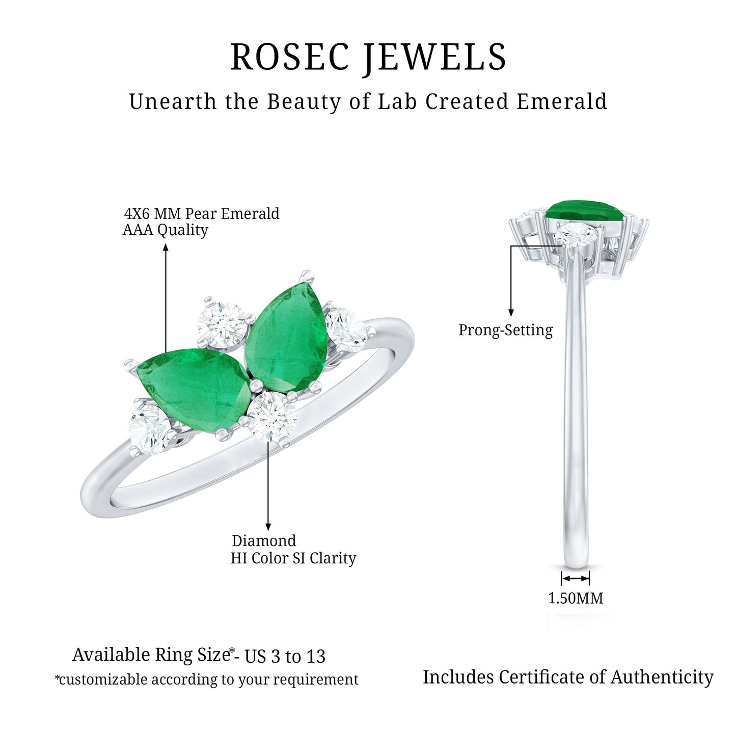 Natural Pear Shape Emerald Toi Et Moi Engagement Ring with Diamond