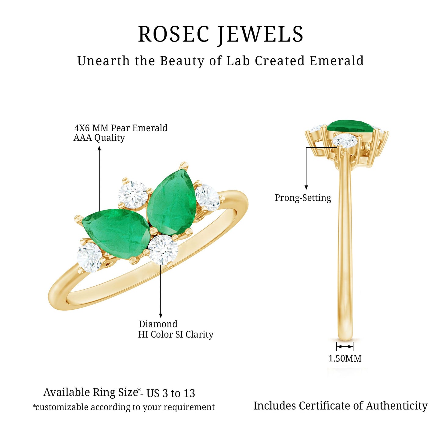 Natural Pear Shape Emerald Toi Et Moi Engagement Ring with Diamond