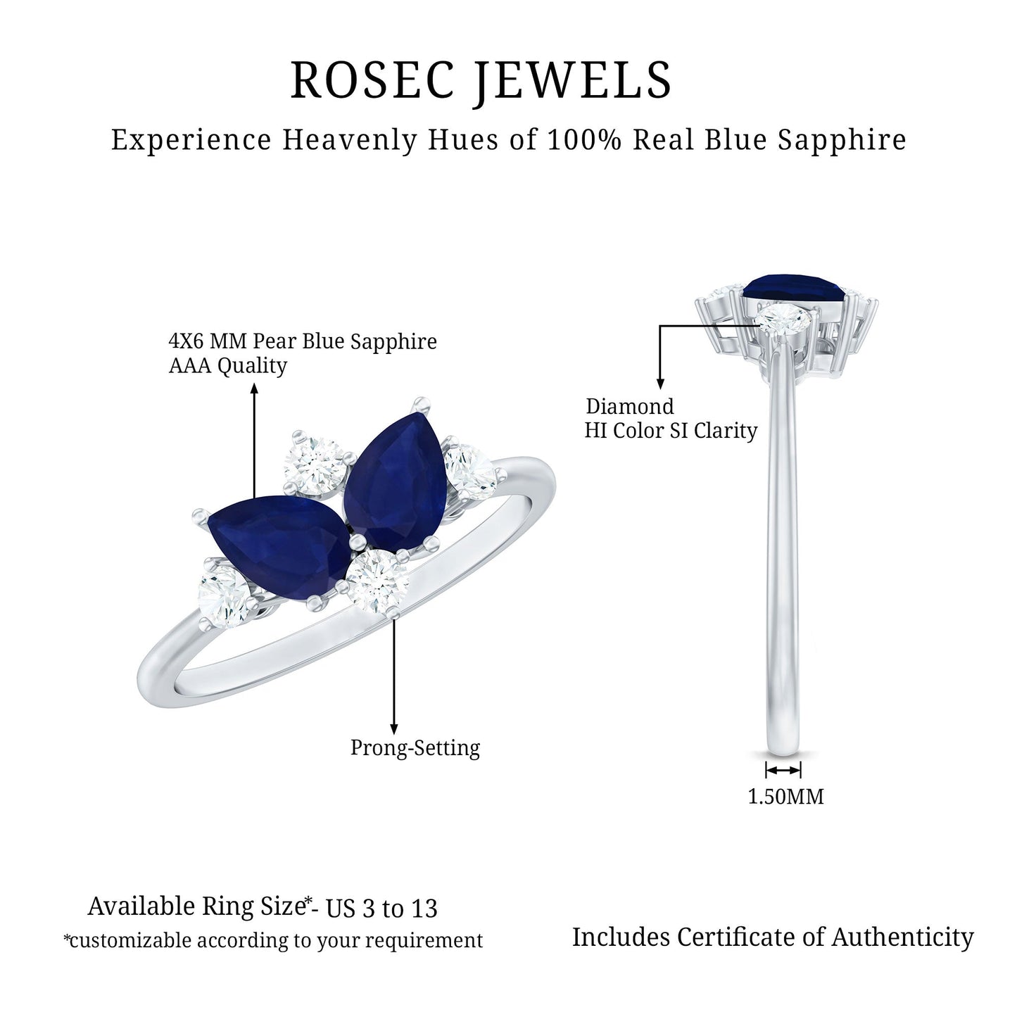 Pear Shape Blue Sapphire and Diamond Cluster Promise Ring