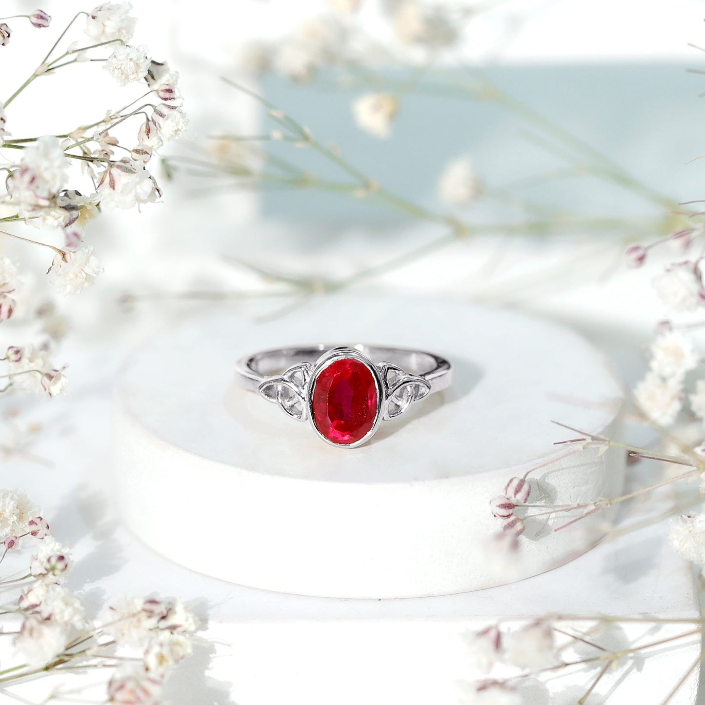 Oval Shape Lab Grown Ruby Solitaire Celtic Knot Ring