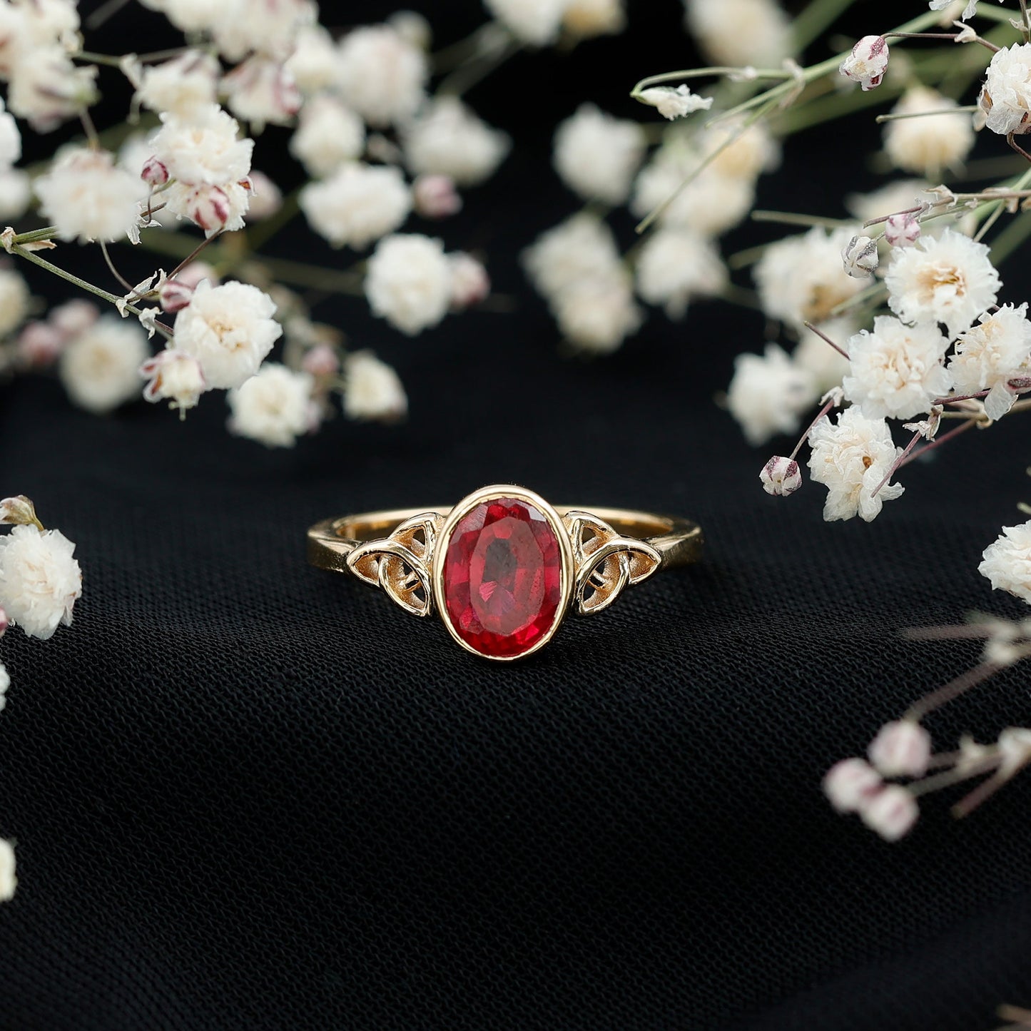 Oval Shape Lab Grown Ruby Solitaire Celtic Knot Ring