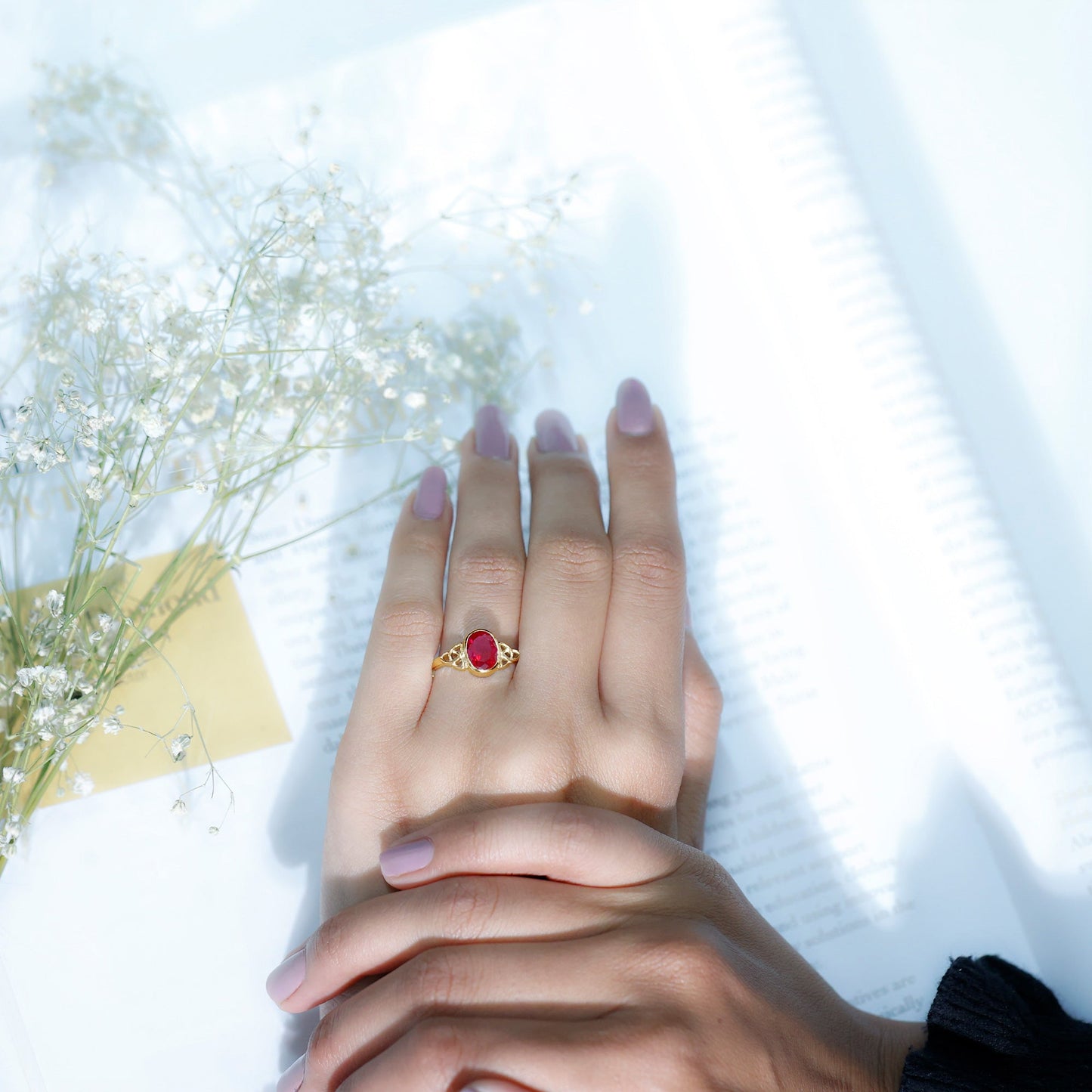 Oval Shape Lab Grown Ruby Solitaire Celtic Knot Ring