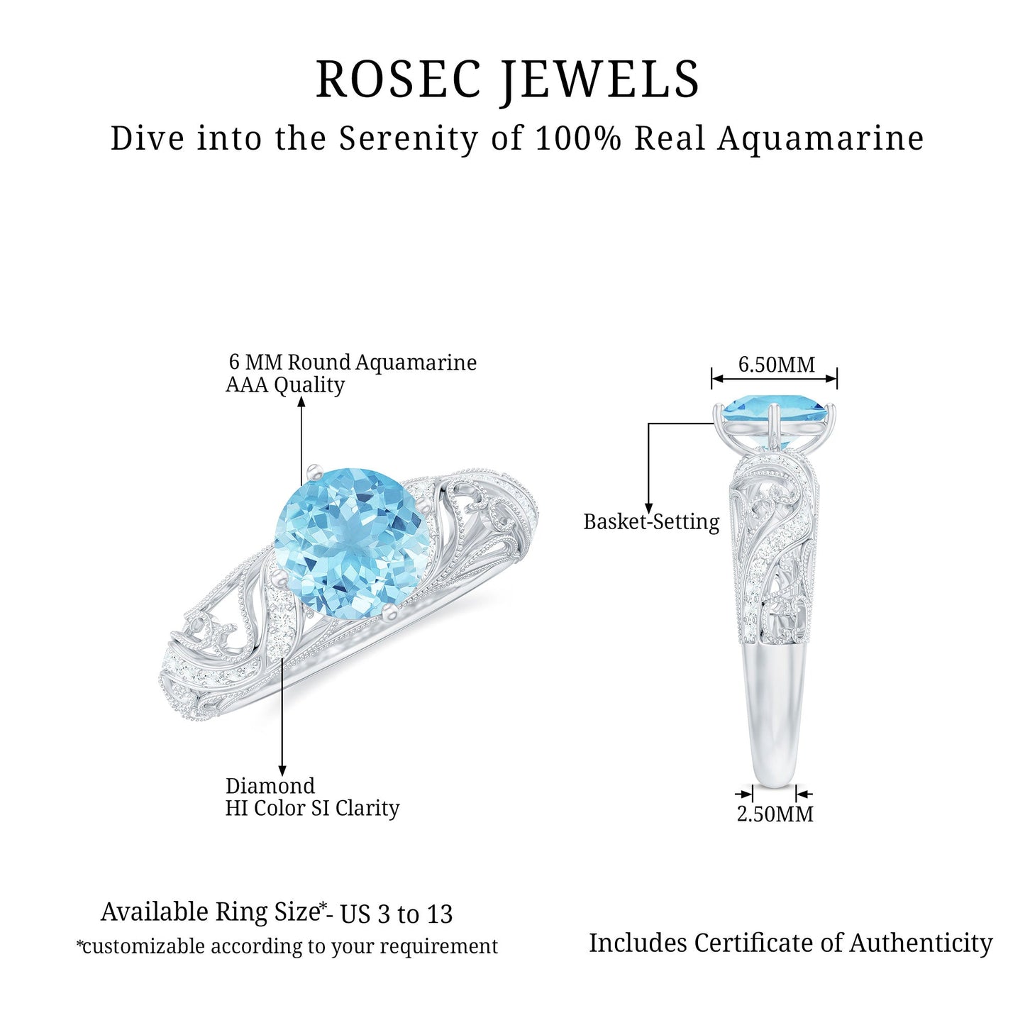 1 CT Vintage Style Aquamarine and Diamond Engagement Ring