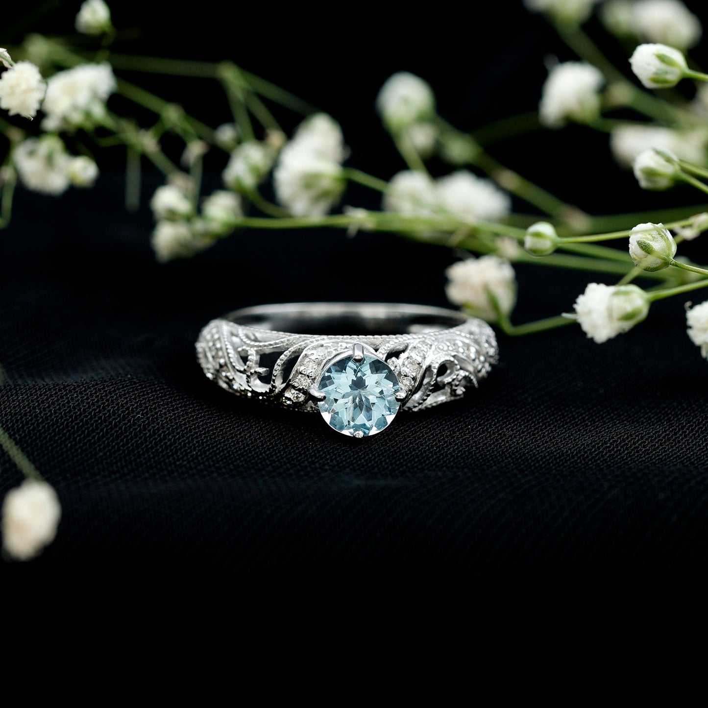 1 CT Vintage Style Aquamarine and Diamond Engagement Ring
