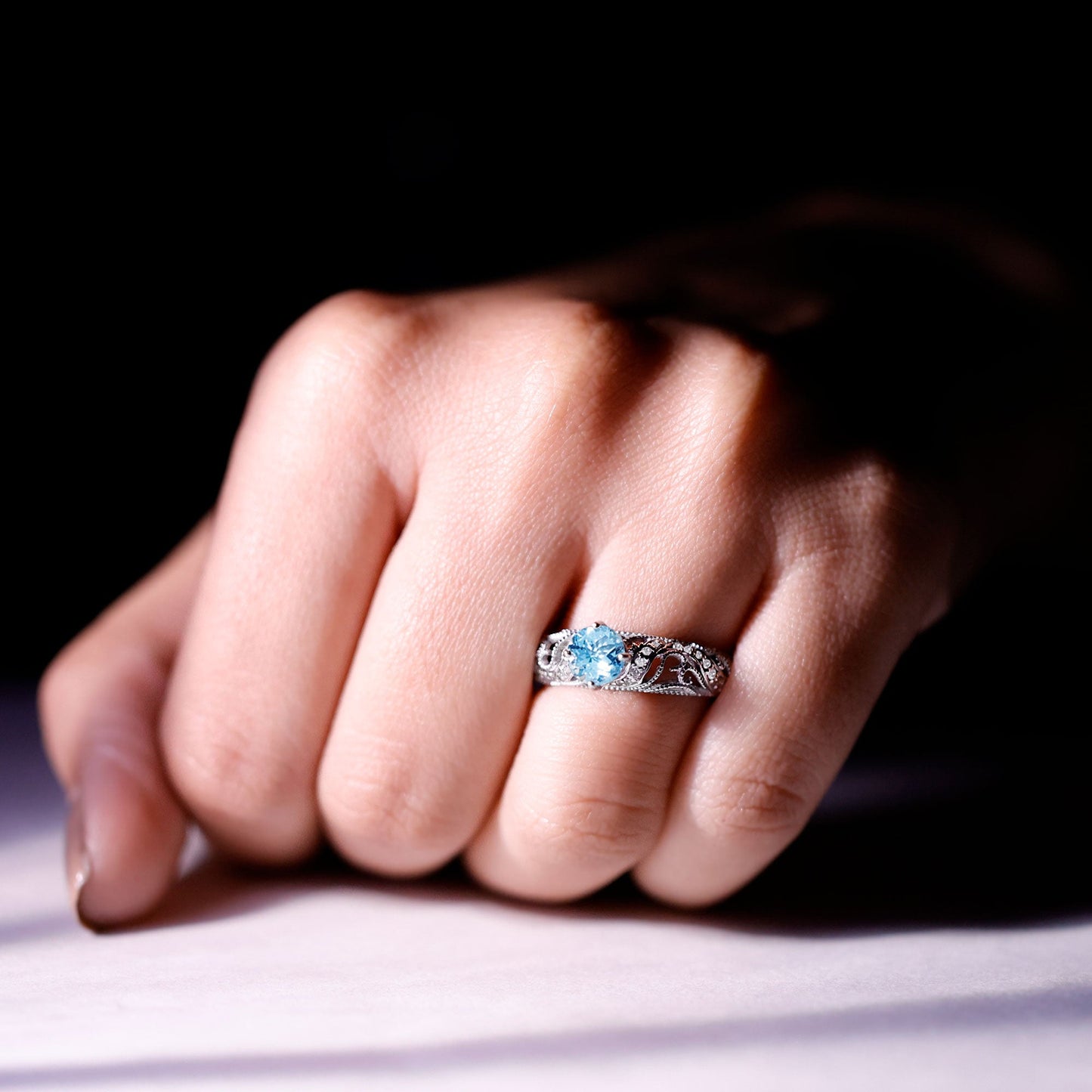 1 CT Vintage Style Aquamarine and Diamond Engagement Ring