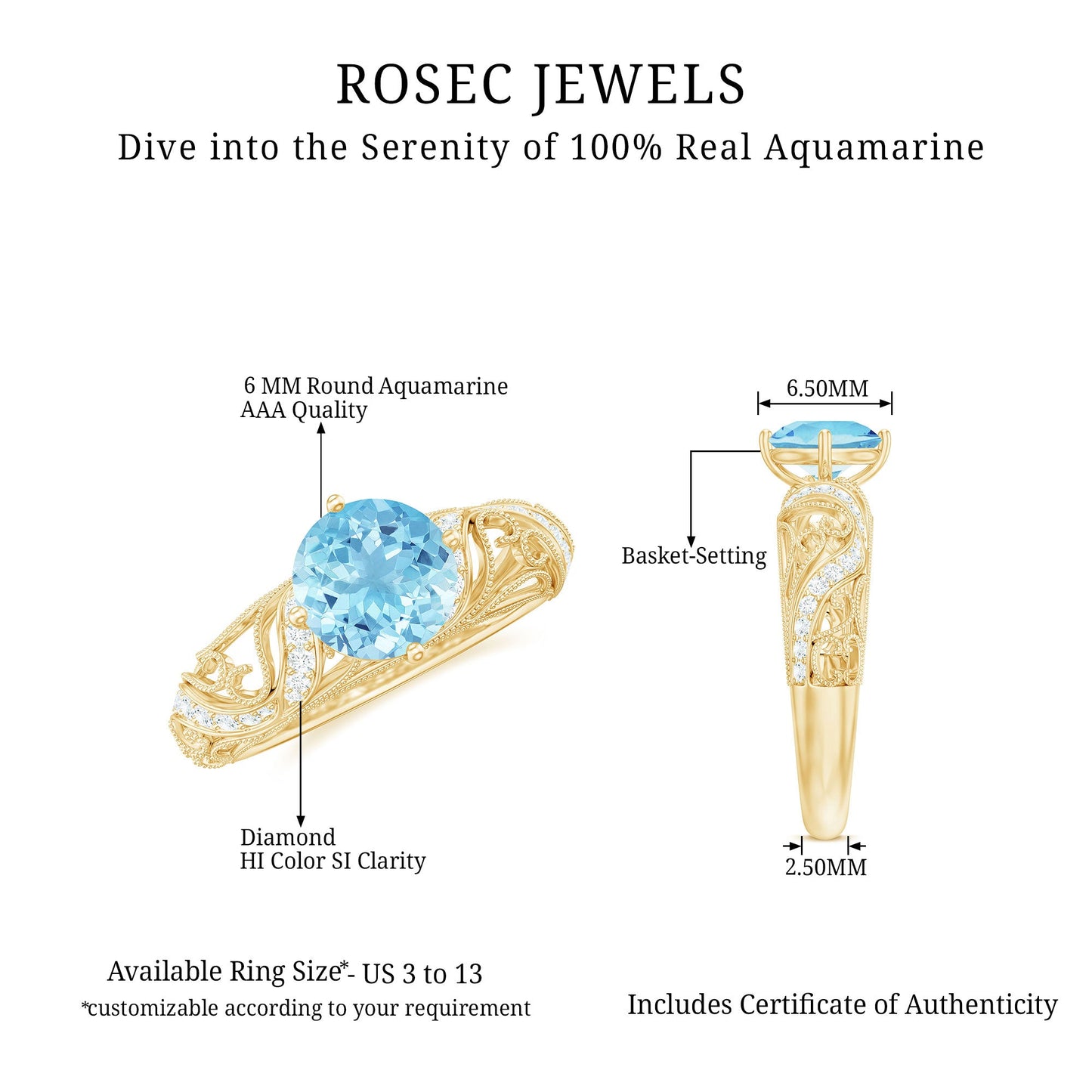 1 CT Vintage Style Aquamarine and Diamond Engagement Ring