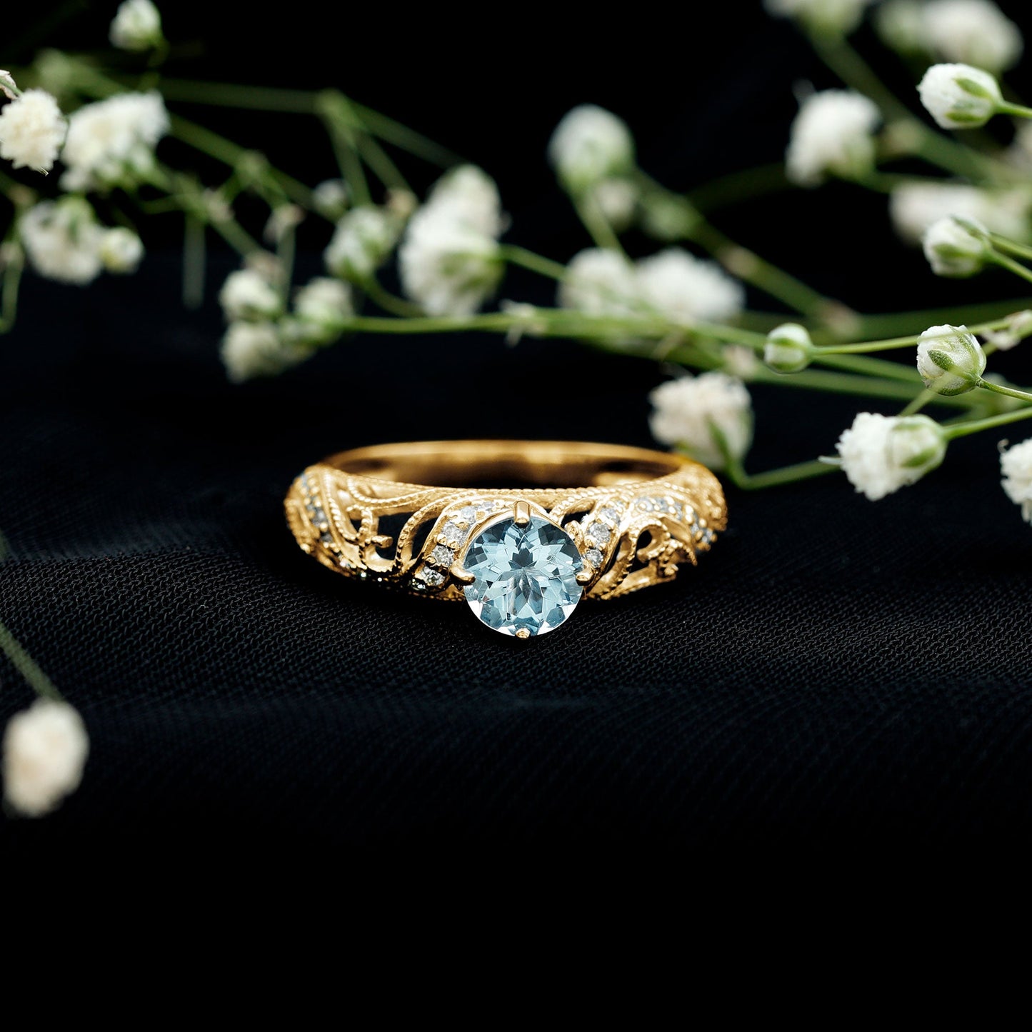1 CT Vintage Style Aquamarine and Diamond Engagement Ring