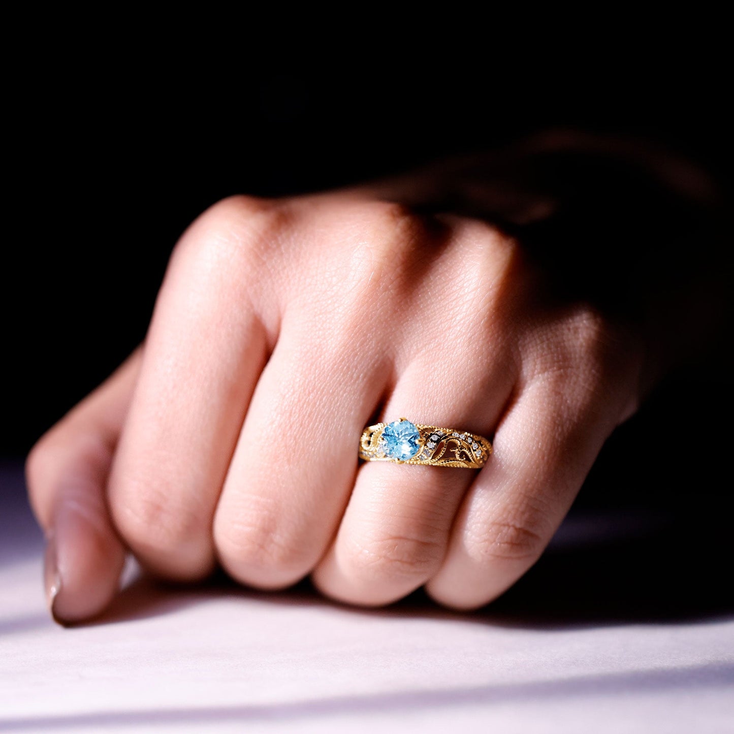 1 CT Vintage Style Aquamarine and Diamond Engagement Ring