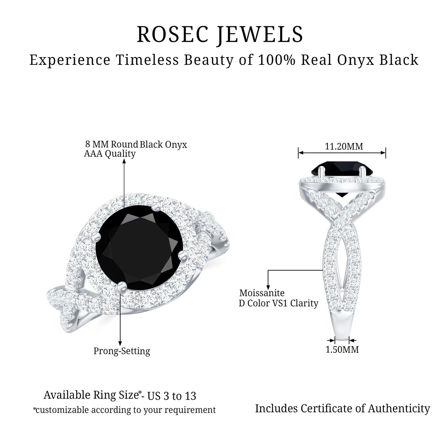 Certified 8 MM Black Onyx Crossover Engagement Ring with Moissanite Halo