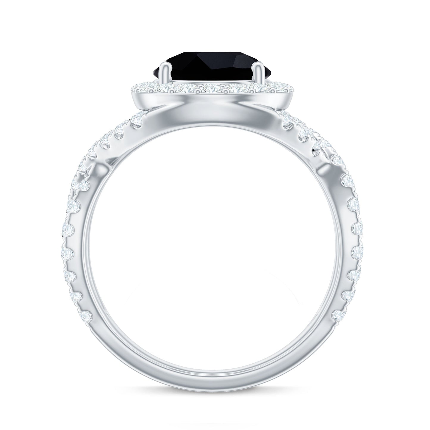 Certified 8 MM Black Onyx Crossover Engagement Ring with Moissanite Halo