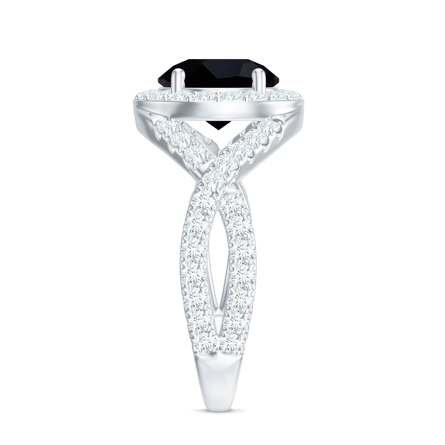 Certified 8 MM Black Onyx Crossover Engagement Ring with Moissanite Halo