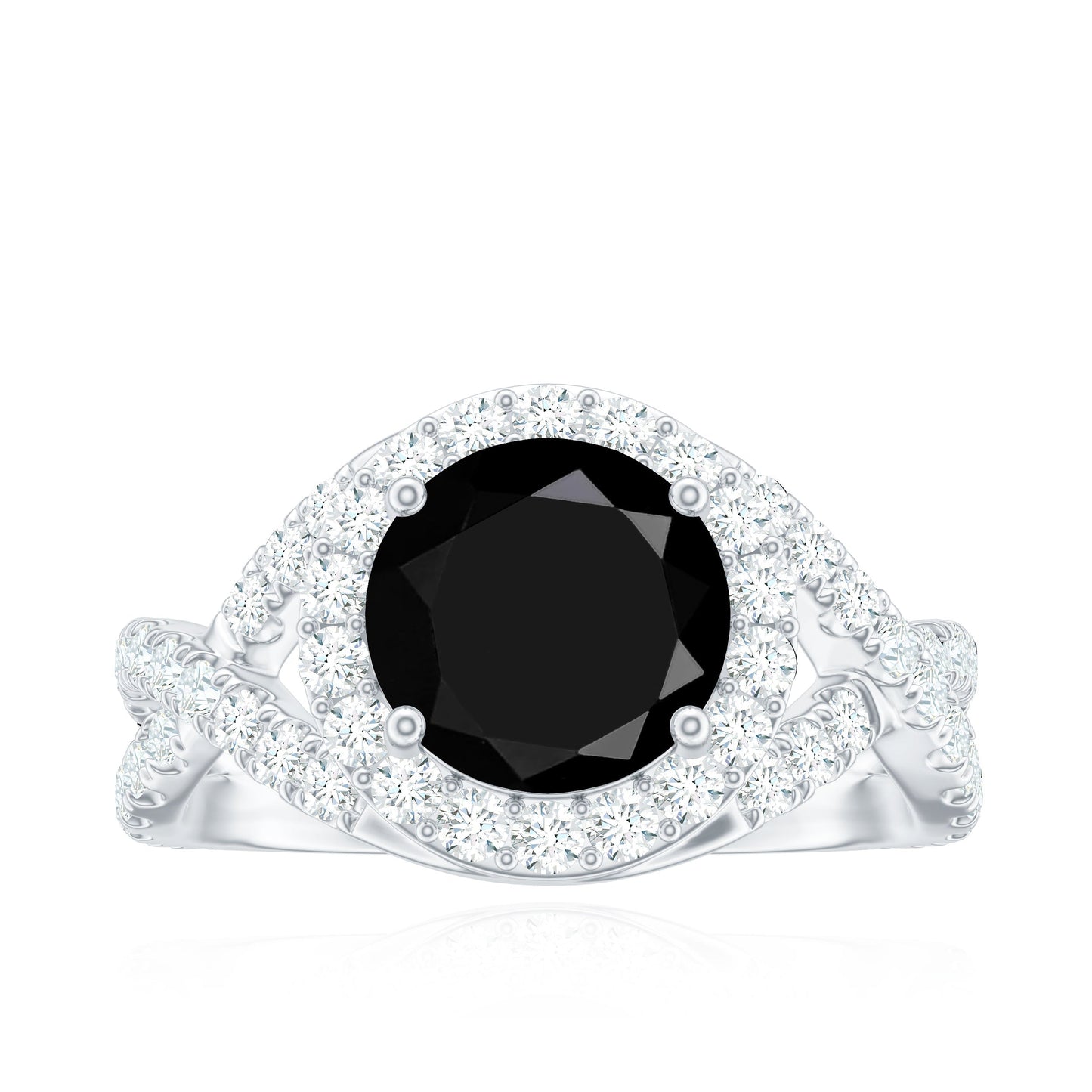 Certified 8 MM Black Onyx Crossover Engagement Ring with Moissanite Halo