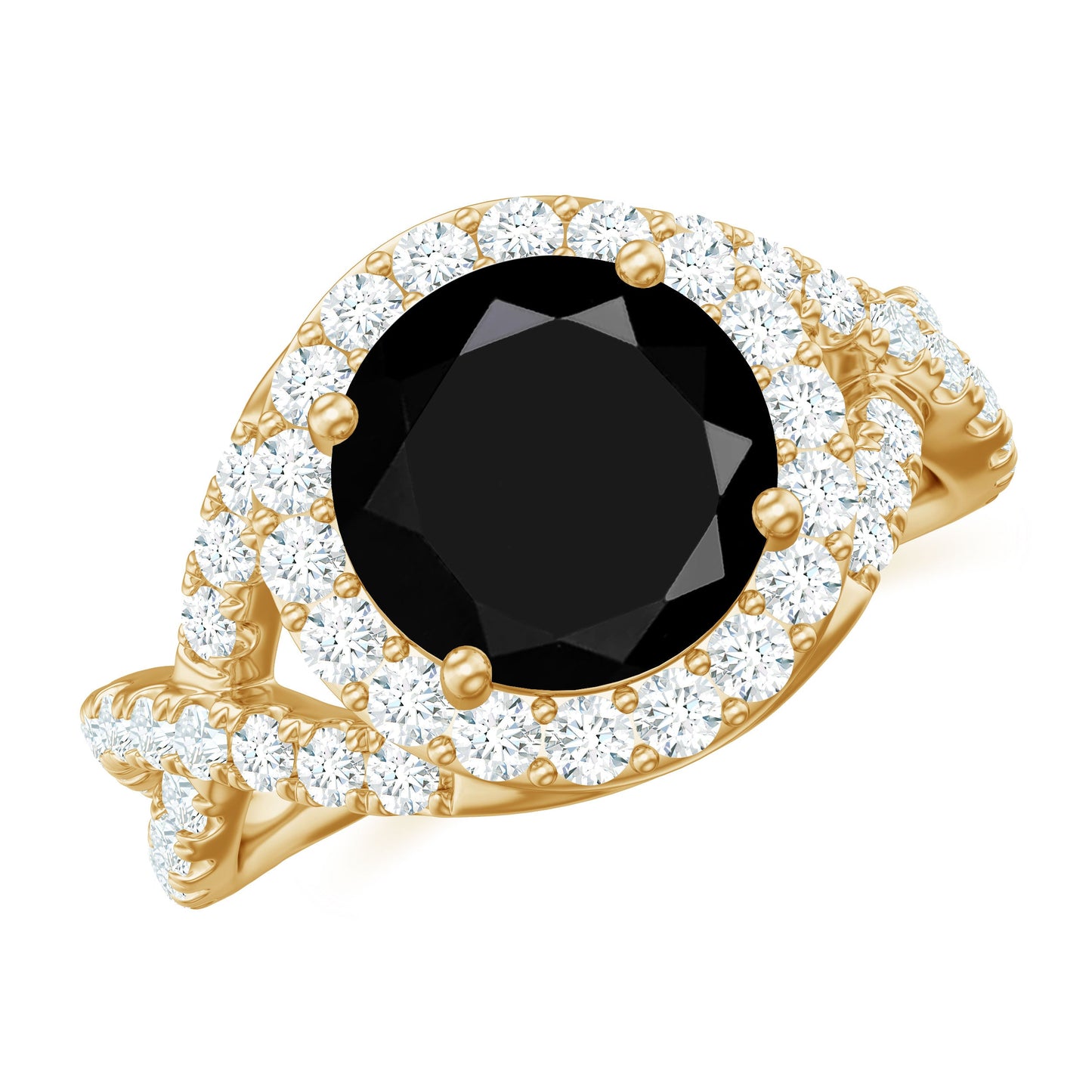 Certified 8 MM Black Onyx Crossover Engagement Ring with Moissanite Halo