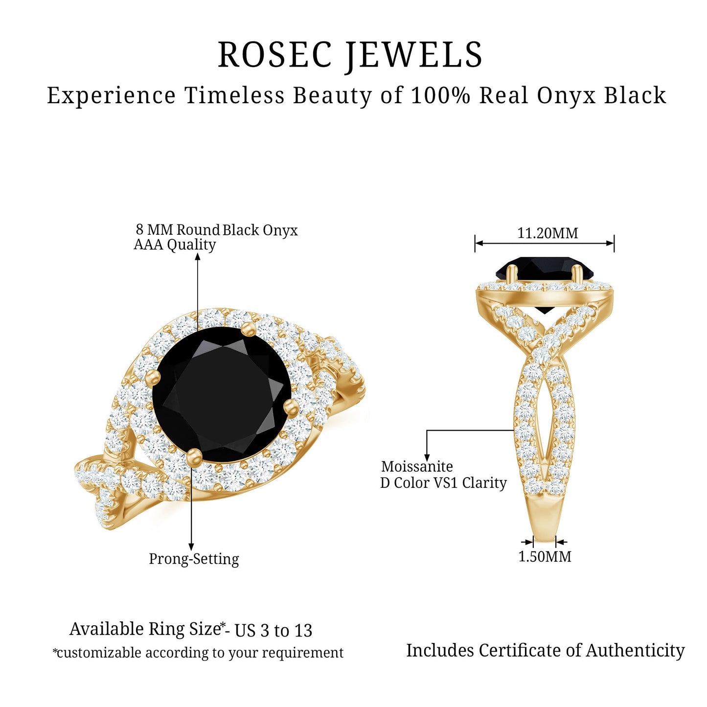 Certified 8 MM Black Onyx Crossover Engagement Ring with Moissanite Halo