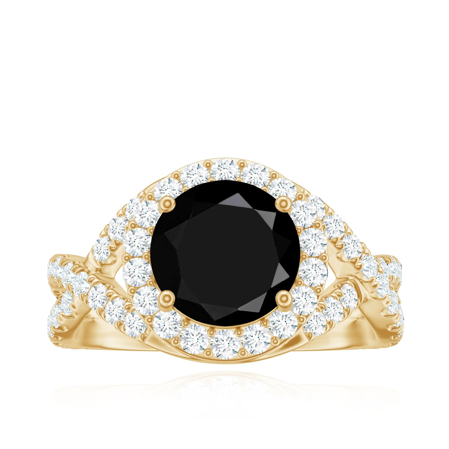 Certified 8 MM Black Onyx Crossover Engagement Ring with Moissanite Halo