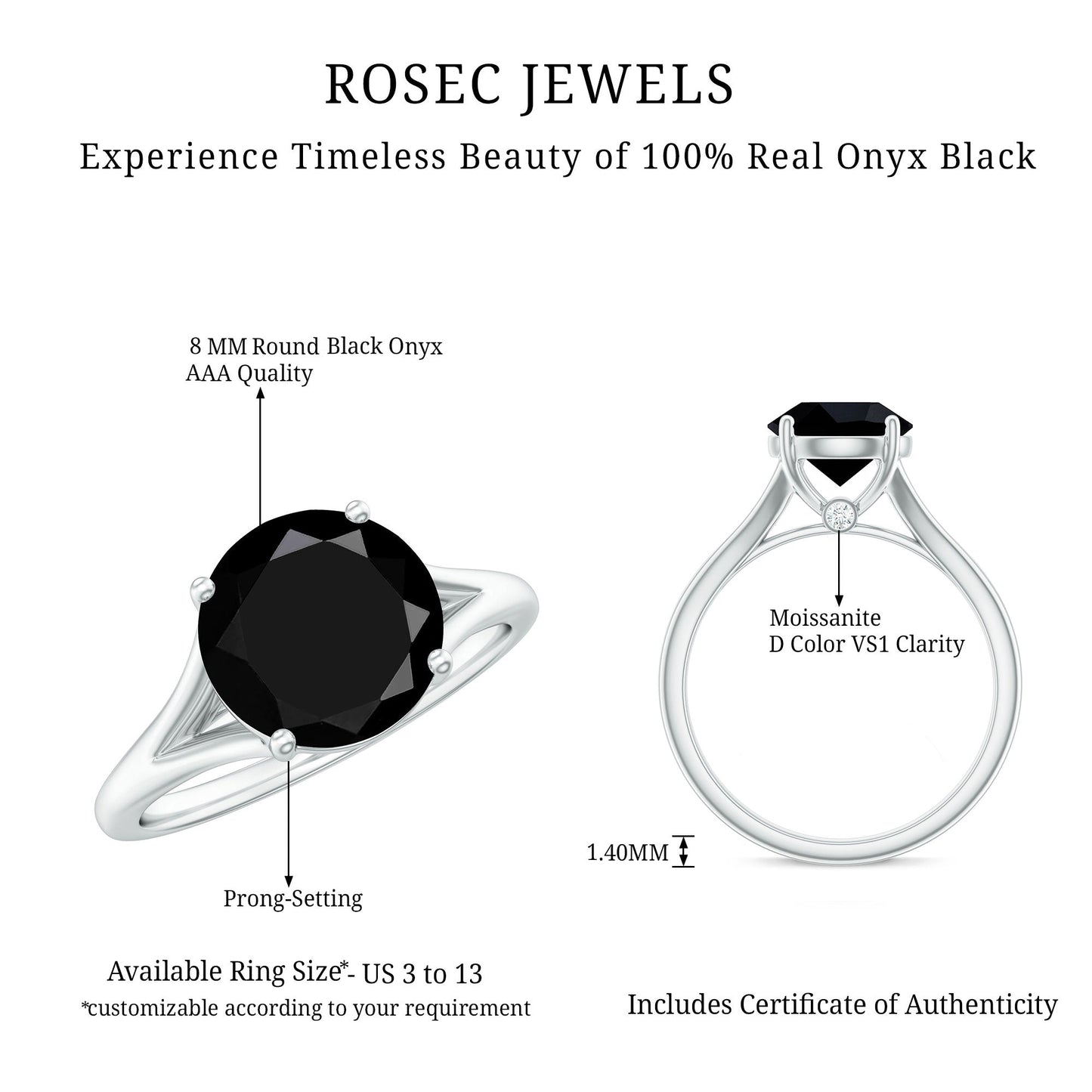 Real 8mm Black Onyx Solitaire Ring with Hidden Moissanite