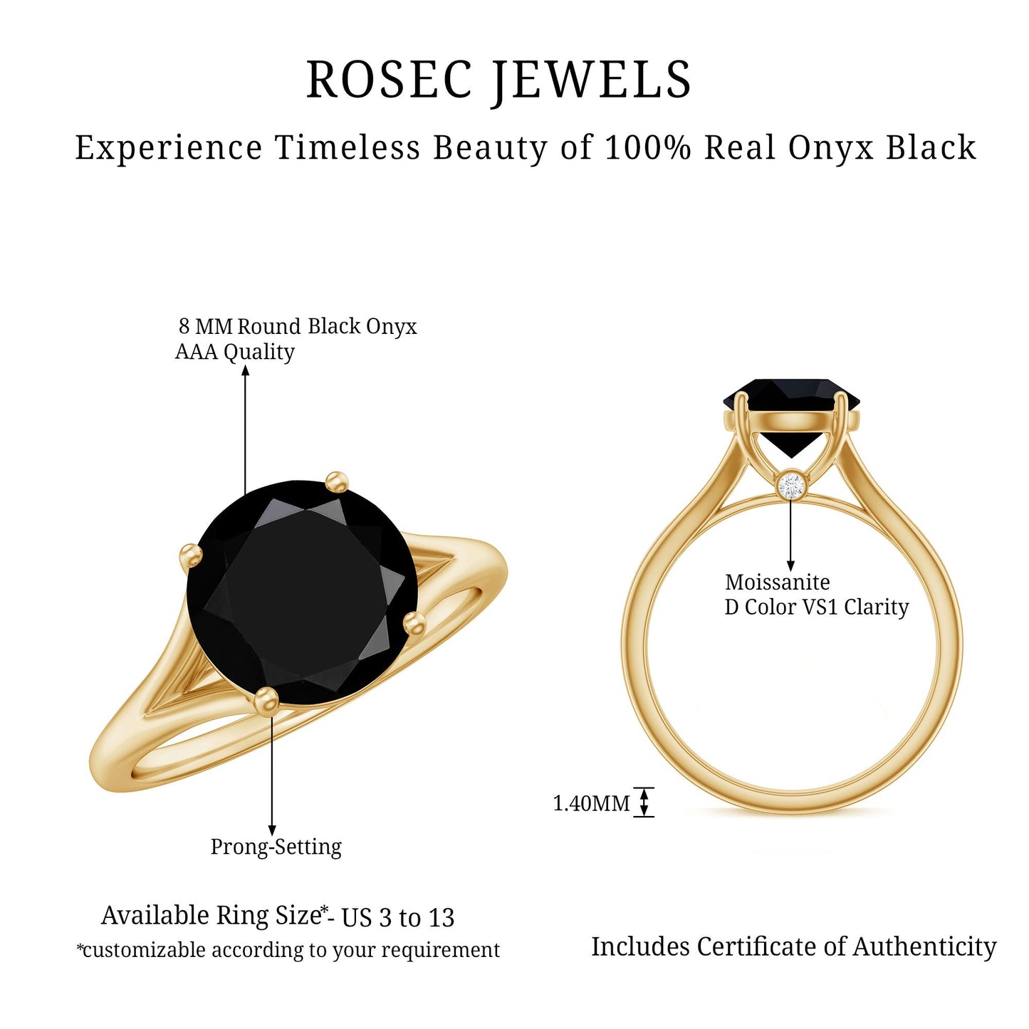 Real 8mm Black Onyx Solitaire Ring with Hidden Moissanite