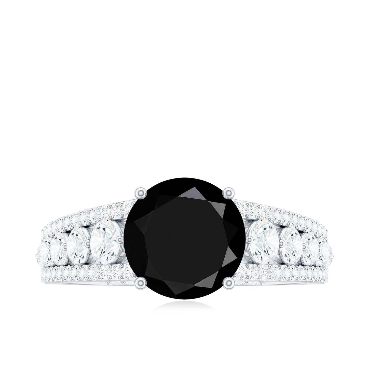 8mm Round Black Onyx Statement Engagement Ring with Moissanite Side Stones