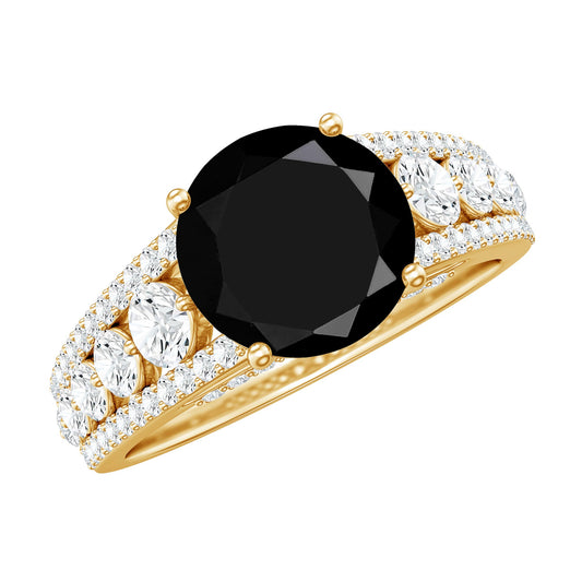 8mm Round Black Onyx Statement Engagement Ring with Moissanite Side Stones