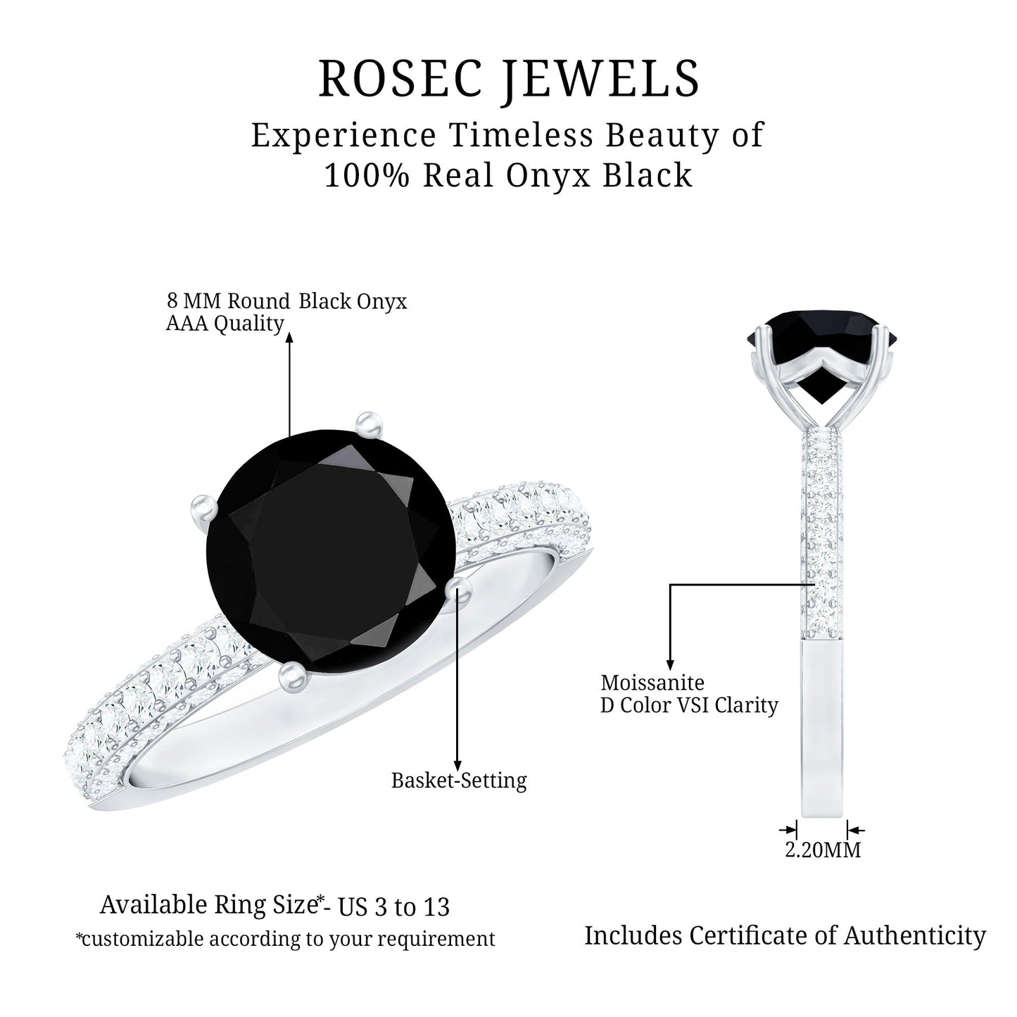 Solitaire 8MM Black Onyx Engagement Ring with Moissanite