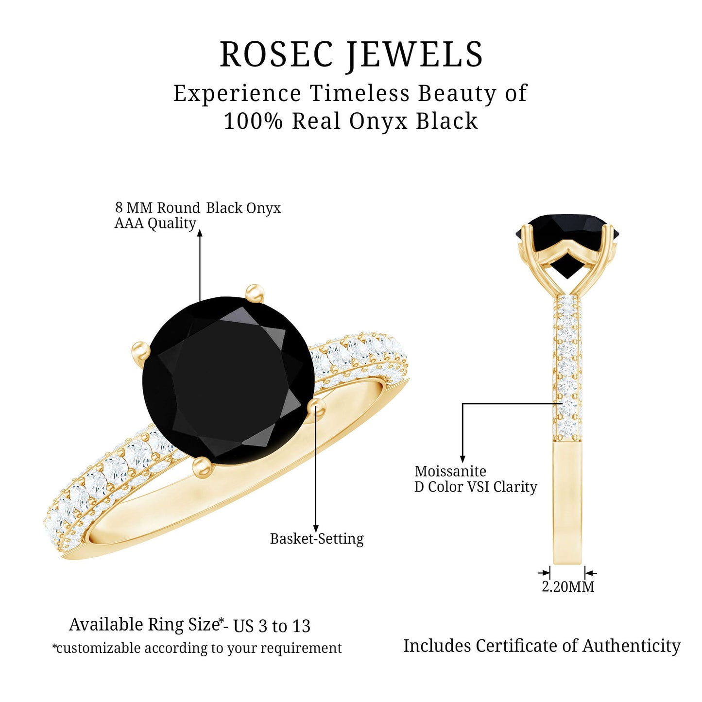 Solitaire 8MM Black Onyx Engagement Ring with Moissanite