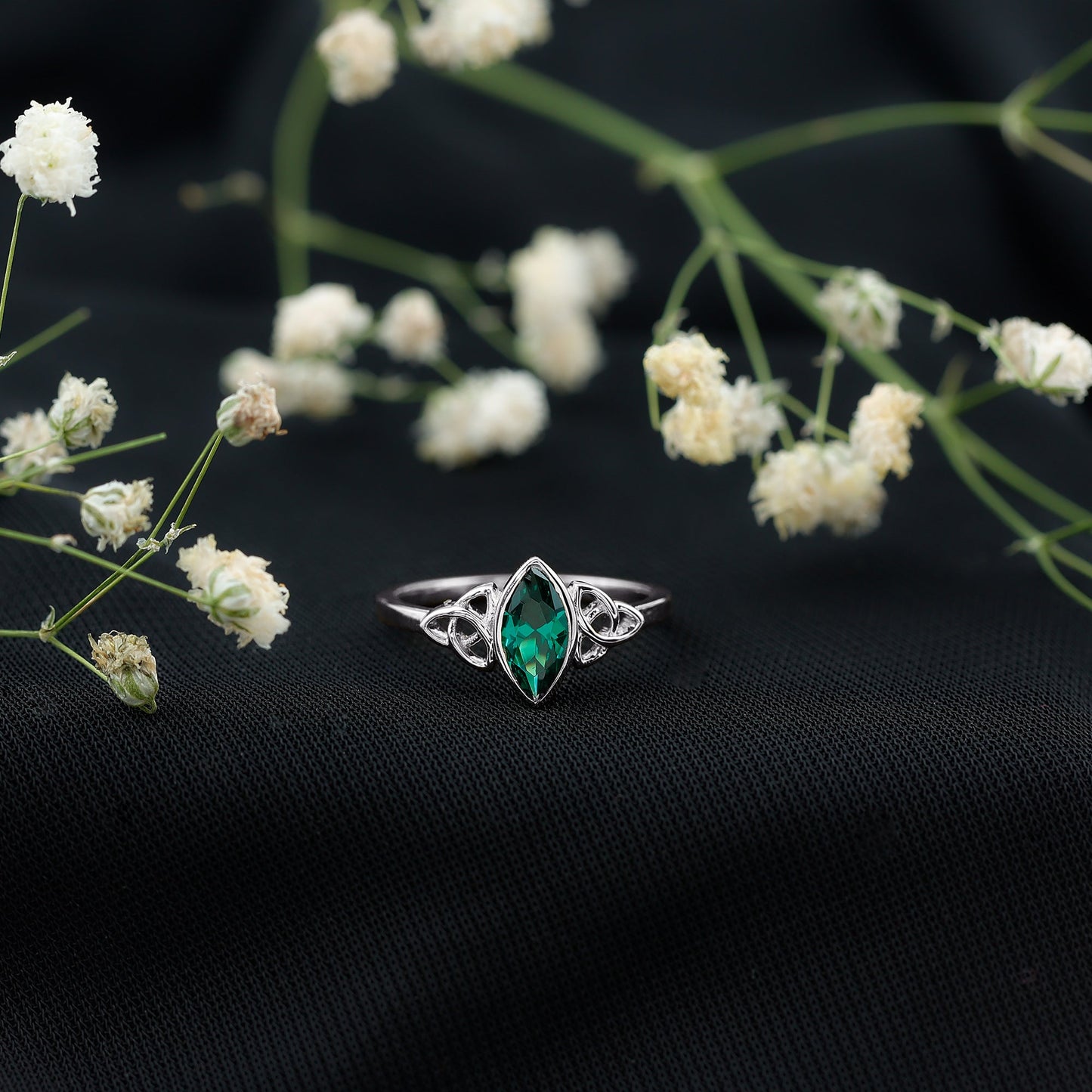 Bezel Set Lab Grown Emerald Celtic Knot Promise Ring