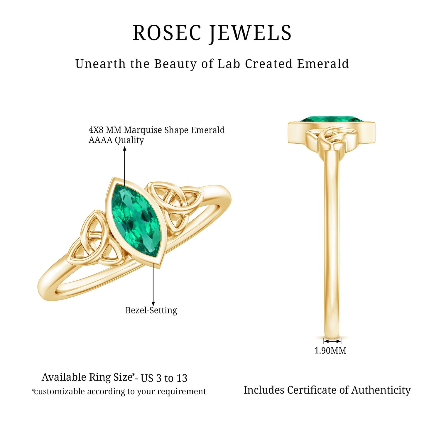 Bezel Set Lab Grown Emerald Celtic Knot Promise Ring